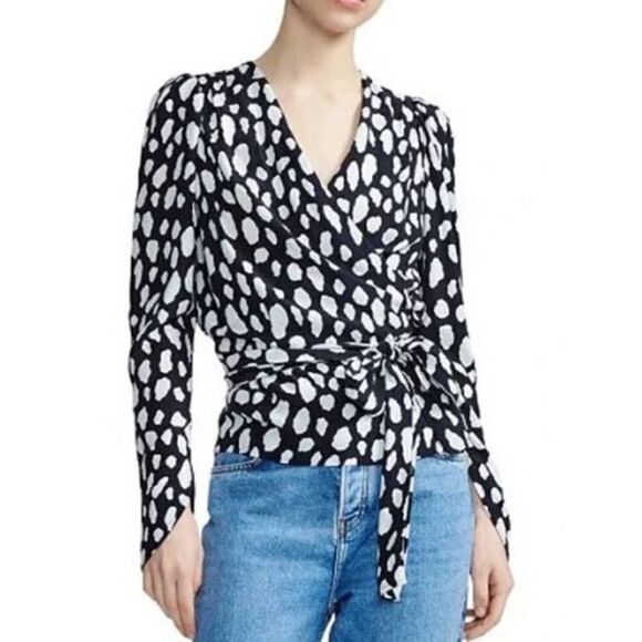 Maje Losimio Black and White Spotted Cloud Print Wrap Blouse Sz. 1 (US S) - Picture 1 of 9